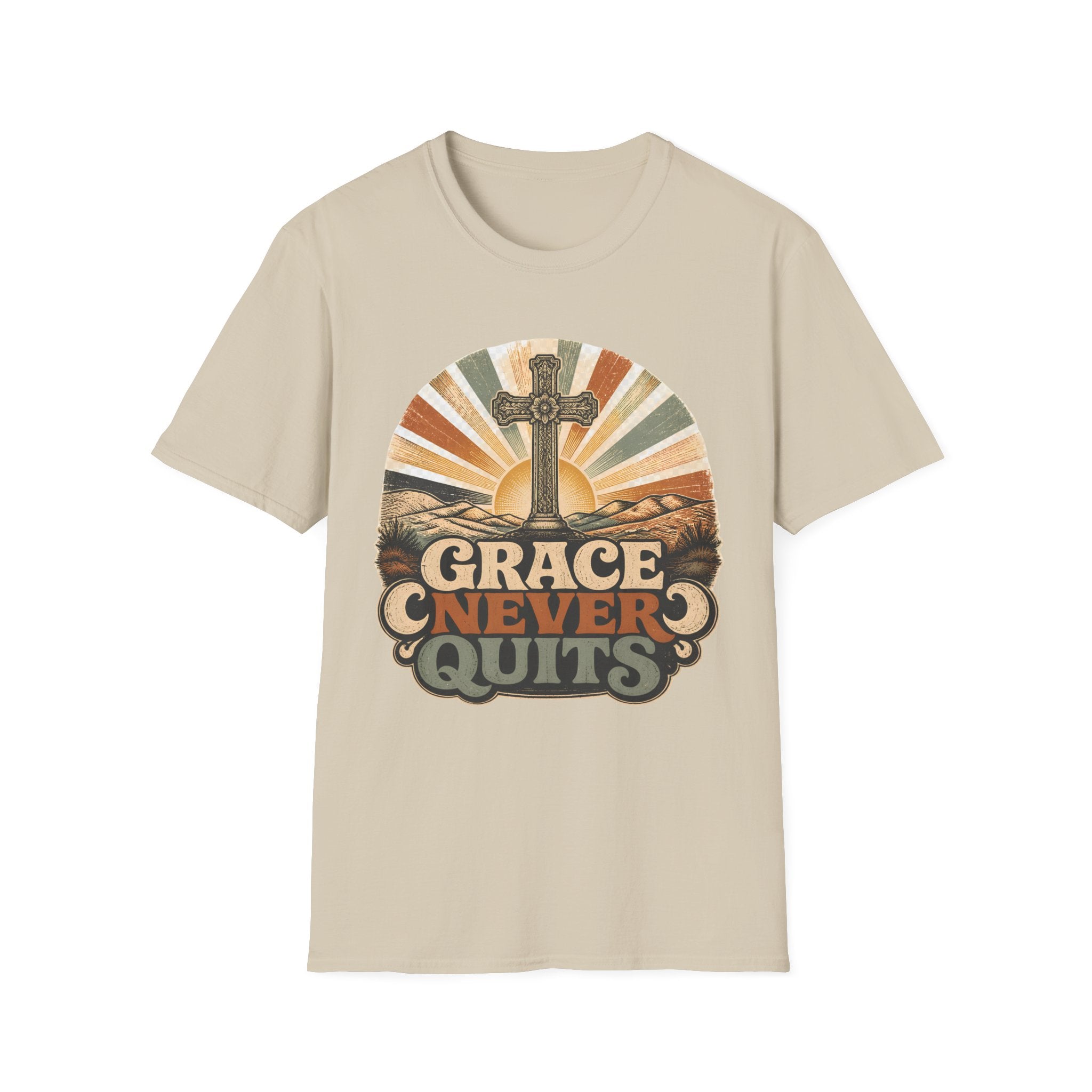 Christian T-Shirt — "Grace Never Quits" Retro Cross Sunrise Tee