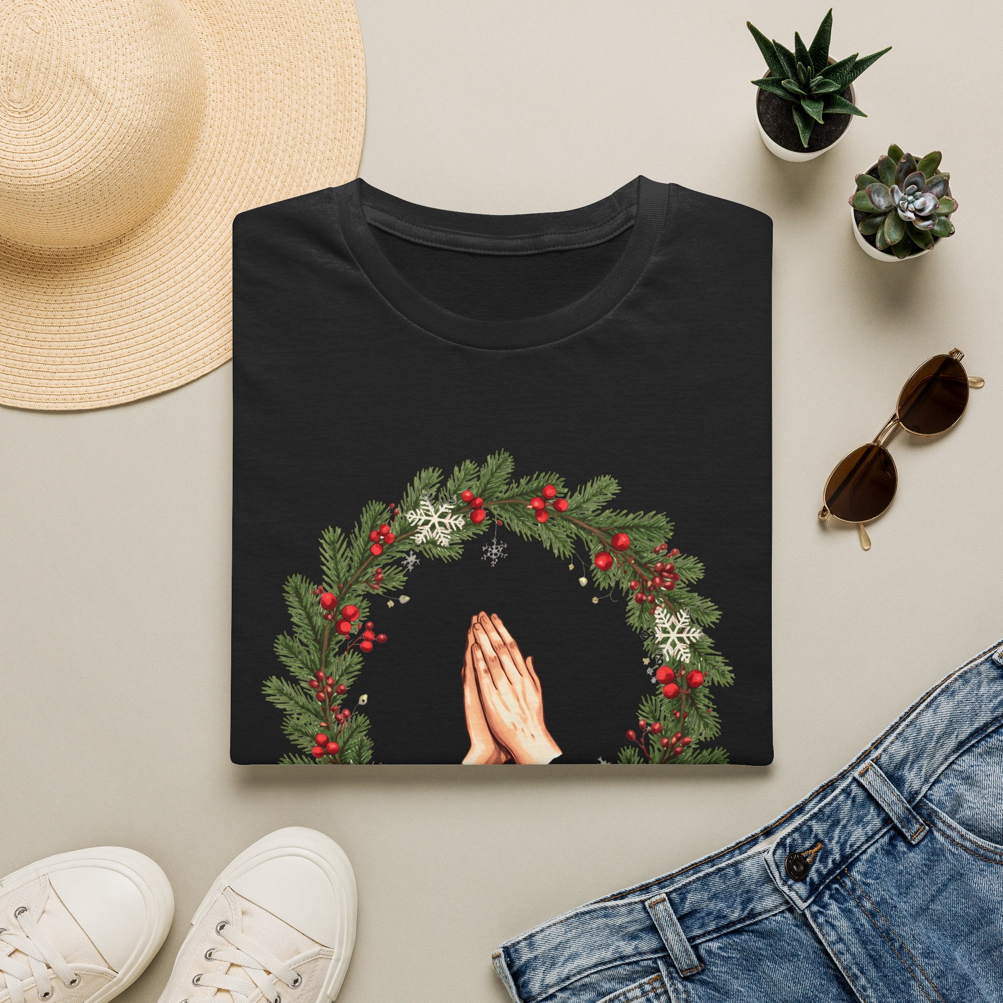 Christmas Prayer Hands T-Shirt — Holiday Wreath Faith Tee