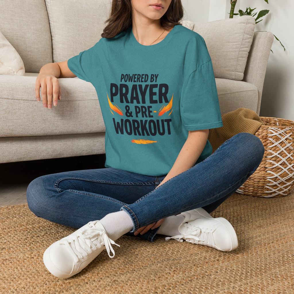 Prayer & Pre-Workout T-Shirt — "Powered by Prayer & Pre-Workout" Christian Fitness Tee
