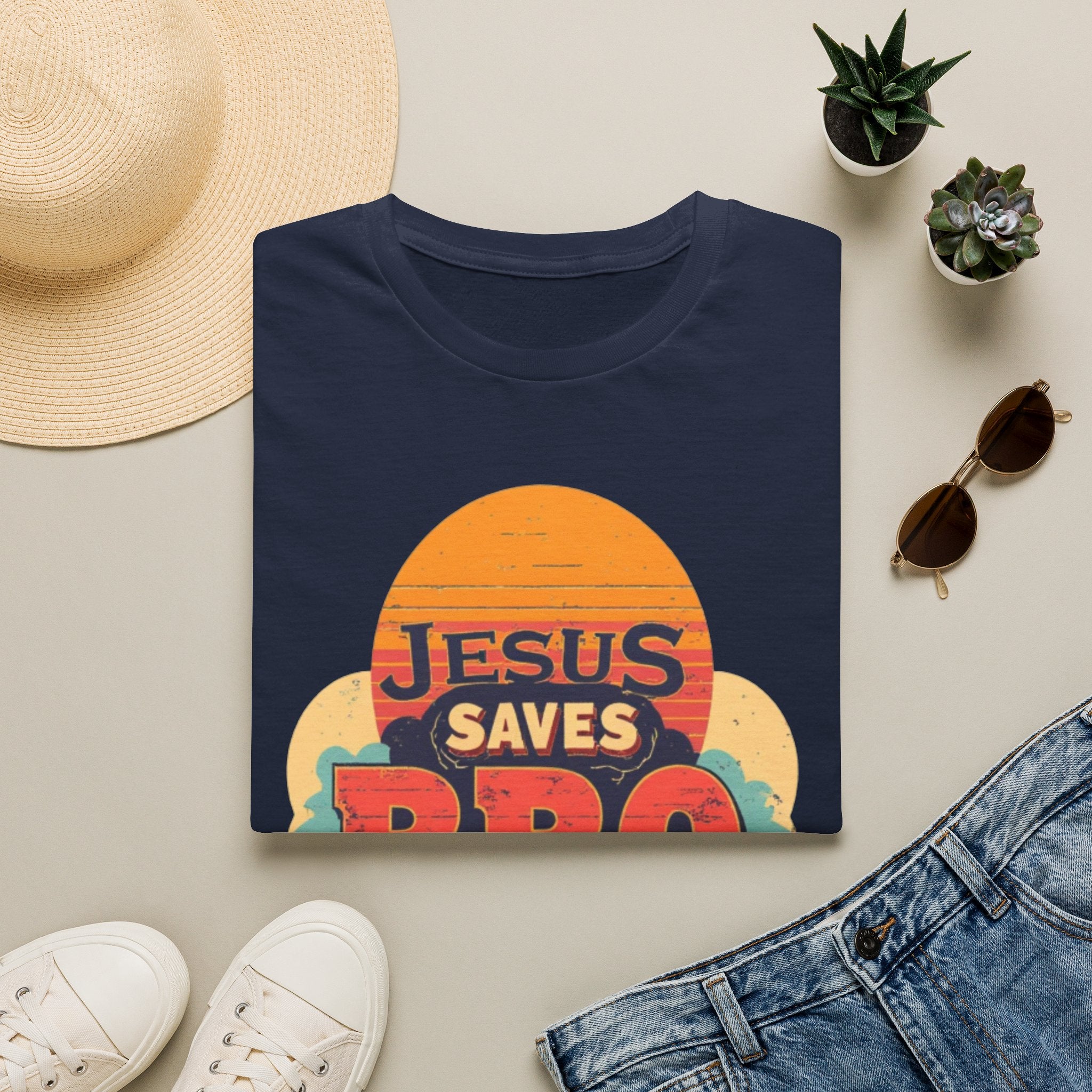 Christian T-Shirt — "Jesus Saves Bro" Retro Sunset Tee