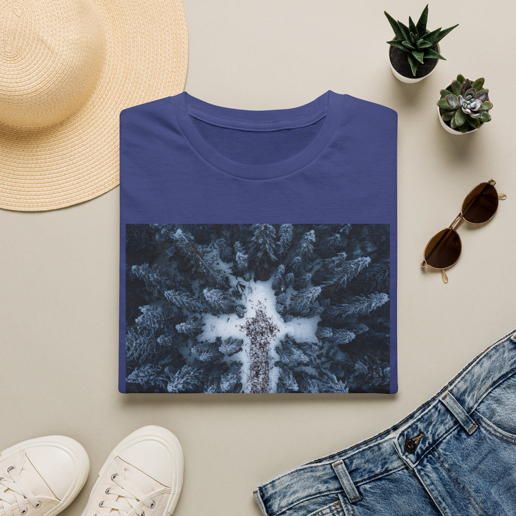 Cross in Snow Aerial Print T-Shirt — Minimalist Winter Graphic Tee