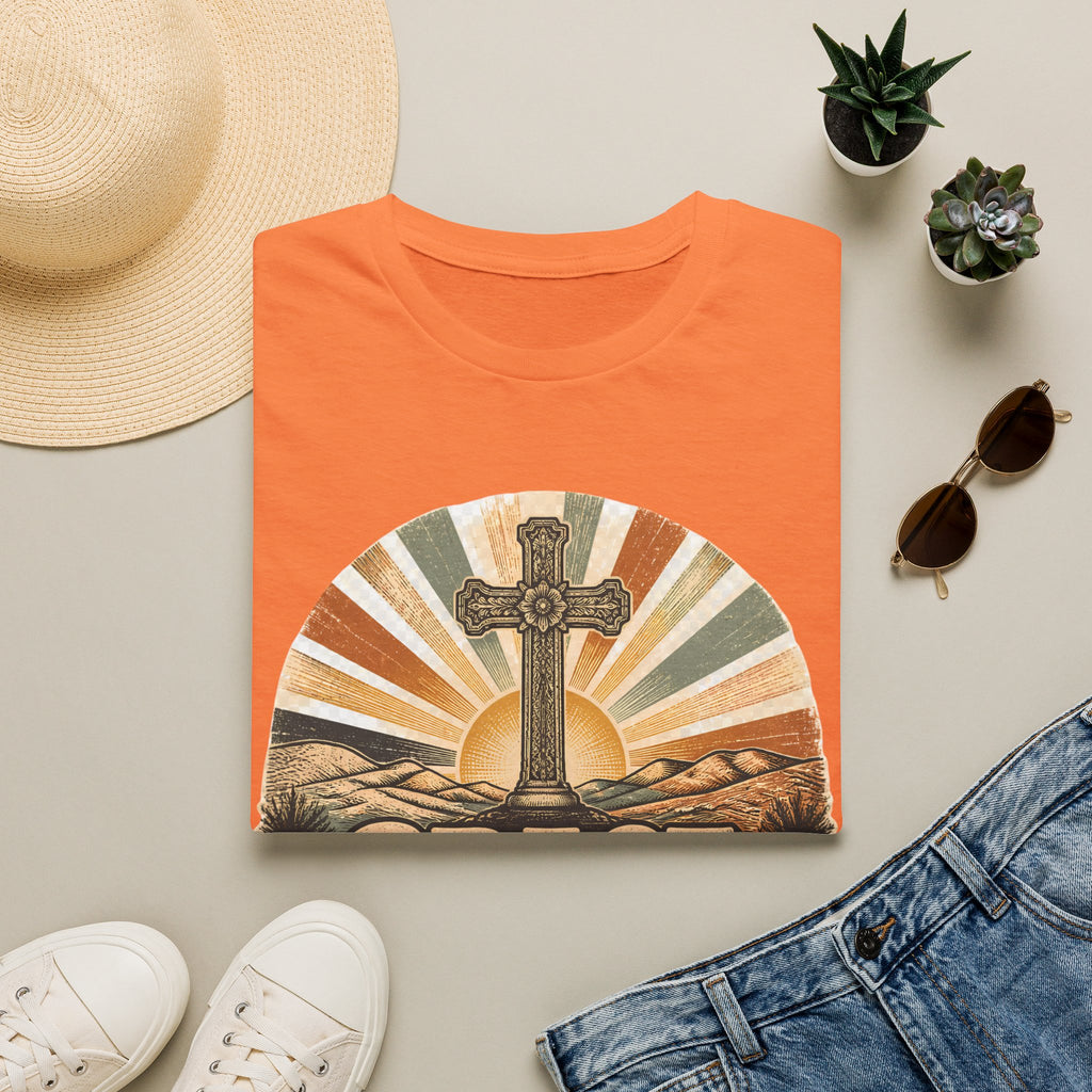 Christian T-Shirt — "Grace Never Quits" Retro Cross Sunrise Tee