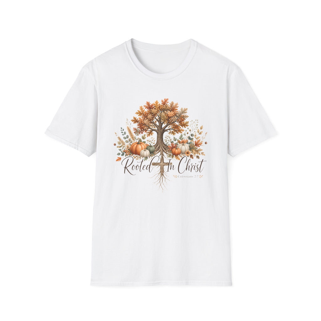 Fall Tree & Pumpkins T-Shirt — "Rooted in Christ" Autumn Faith Tee