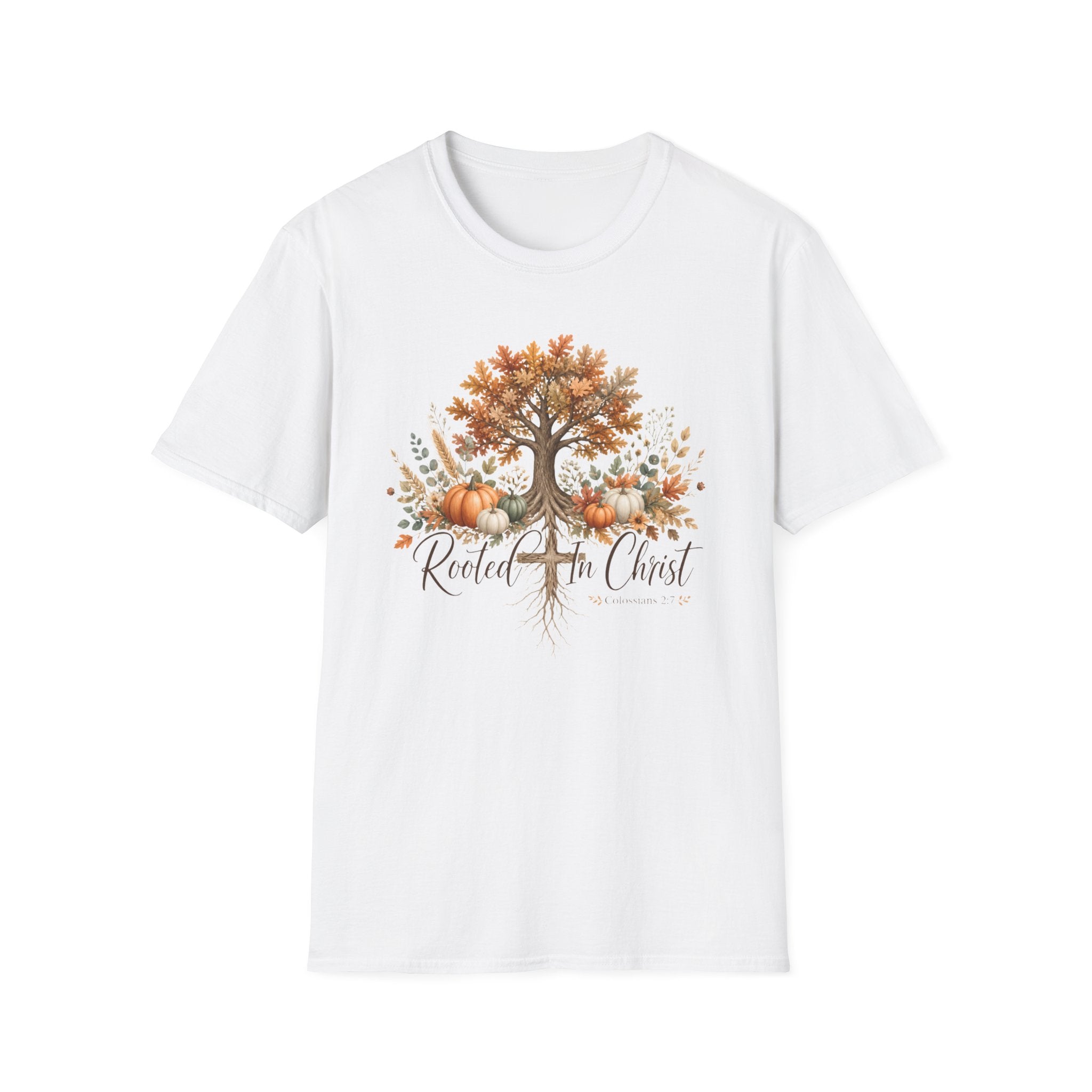 Fall Tree & Pumpkins T-Shirt — "Rooted in Christ" Autumn Faith Tee