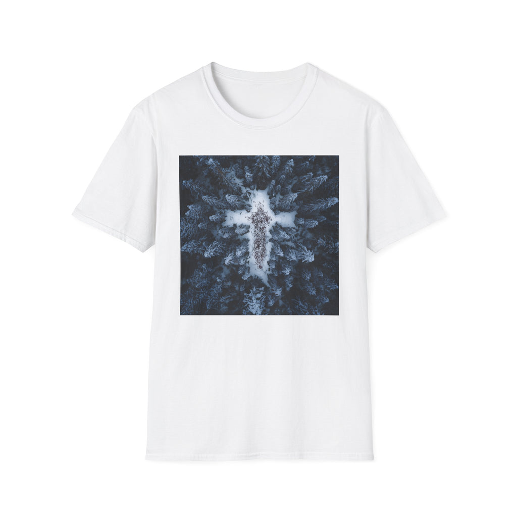 Cross in Snow Aerial Print T-Shirt — Minimalist Winter Graphic Tee