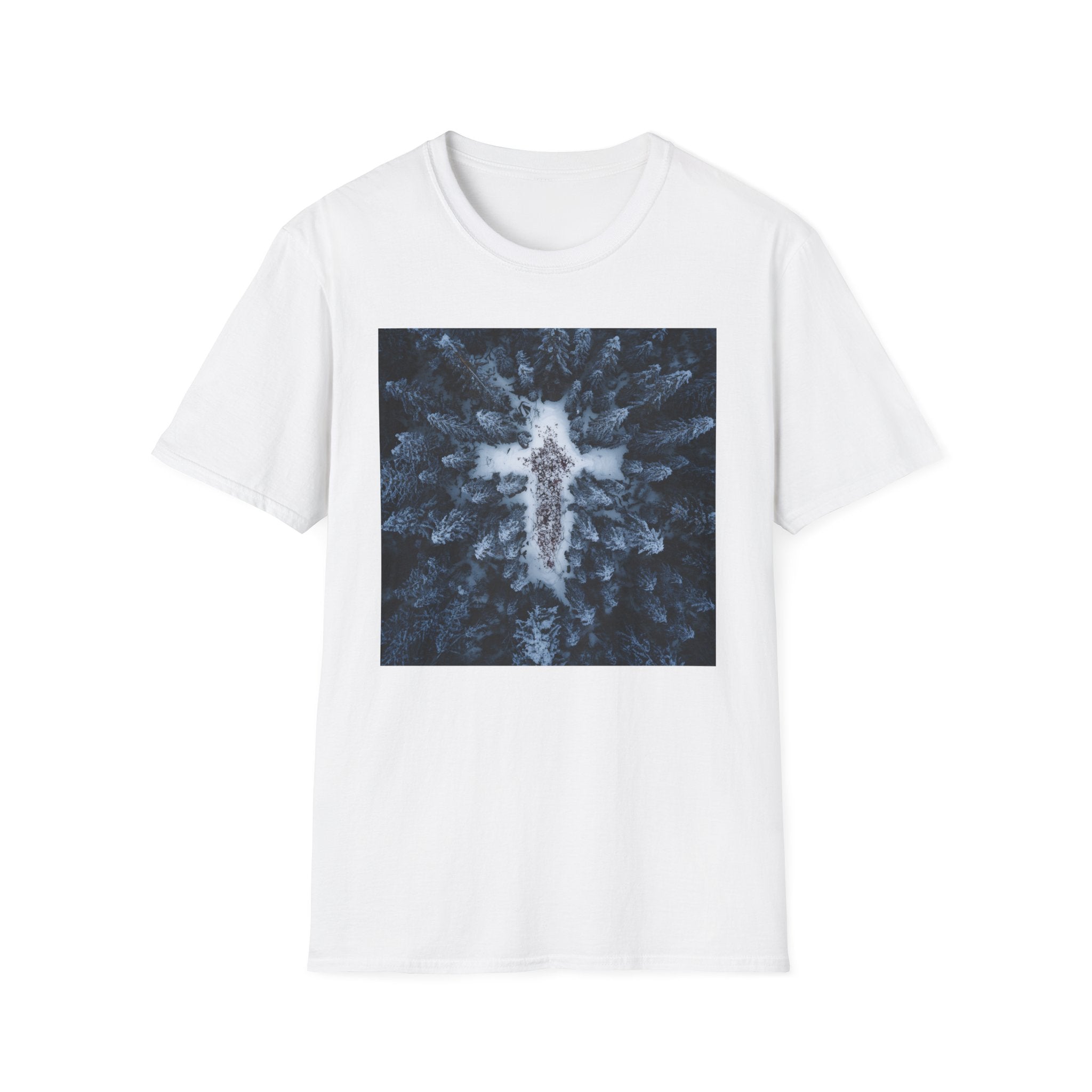 Cross in Snow Aerial Print T-Shirt — Minimalist Winter Graphic Tee