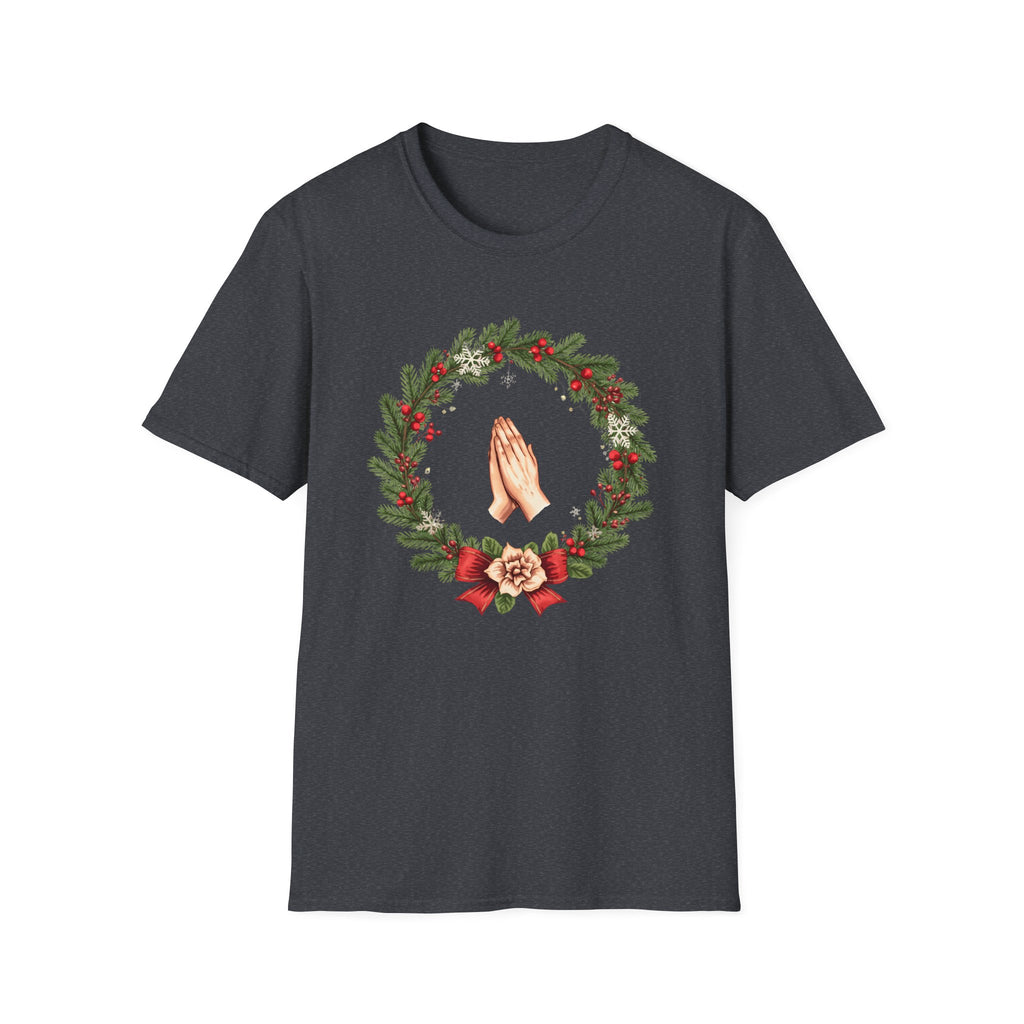 Christmas Prayer Hands T-Shirt — Holiday Wreath Faith Tee