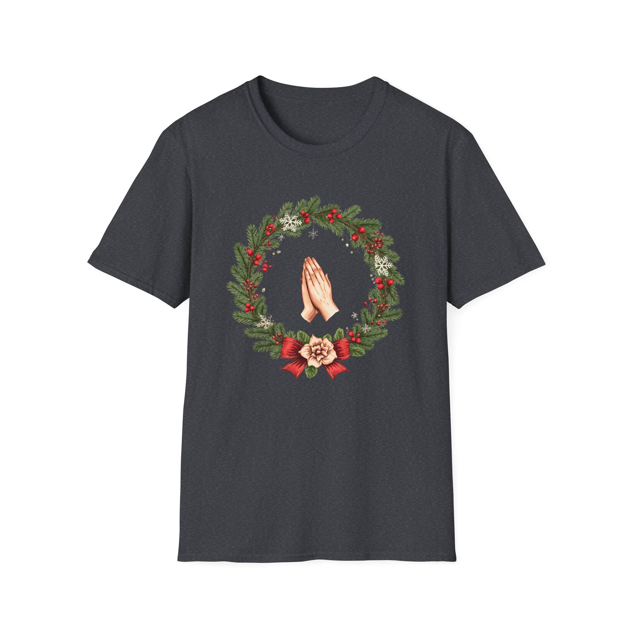 Christmas Prayer Hands T-Shirt — Holiday Wreath Faith Tee