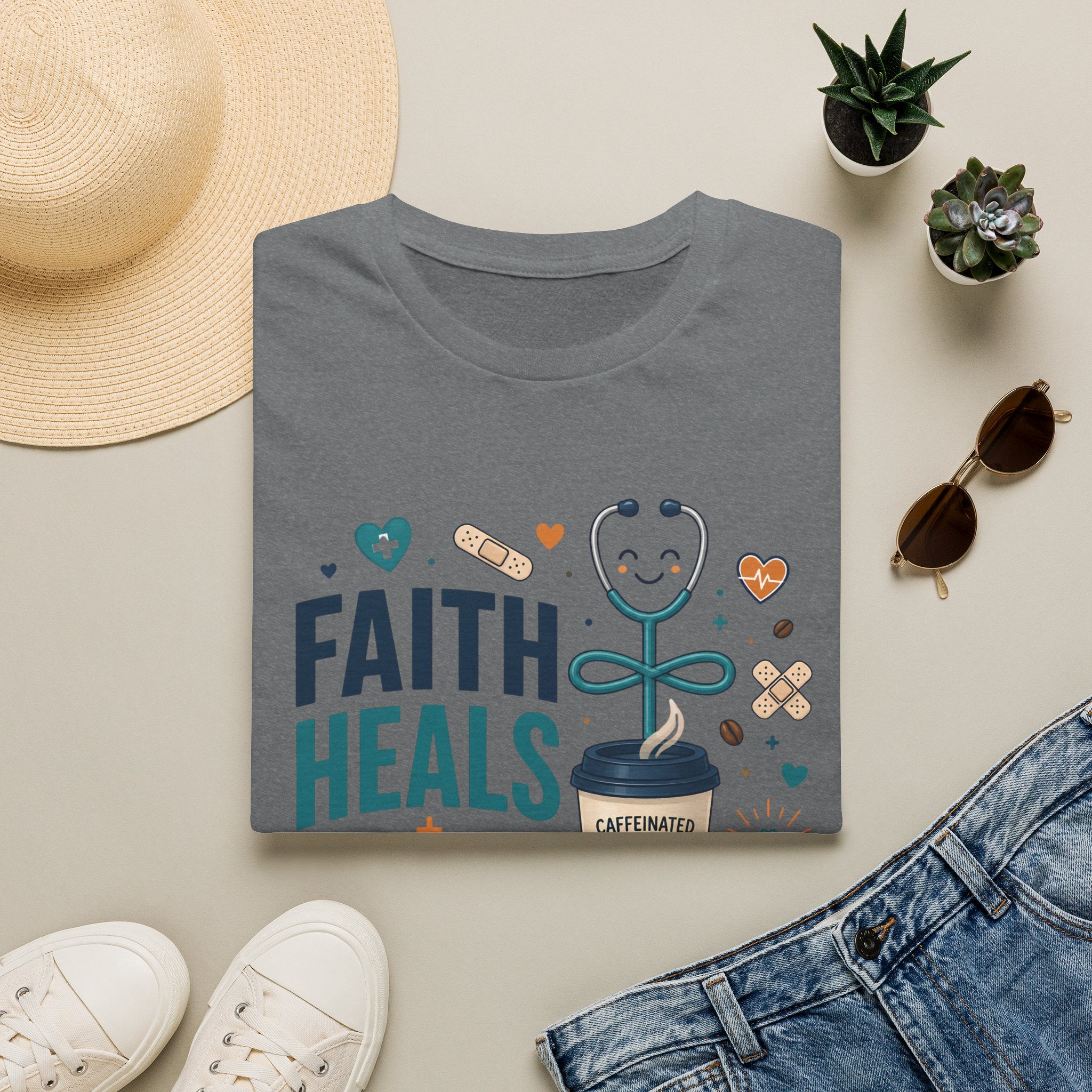 Faith Heals T‑Shirt — Inspirational Medical Stethoscope Coffee Design