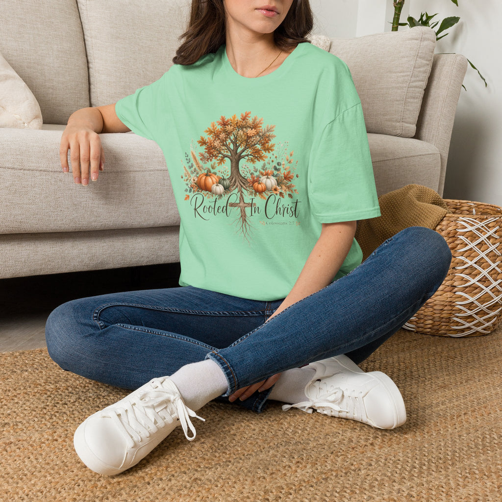 Fall Tree & Pumpkins T-Shirt — "Rooted in Christ" Autumn Faith Tee