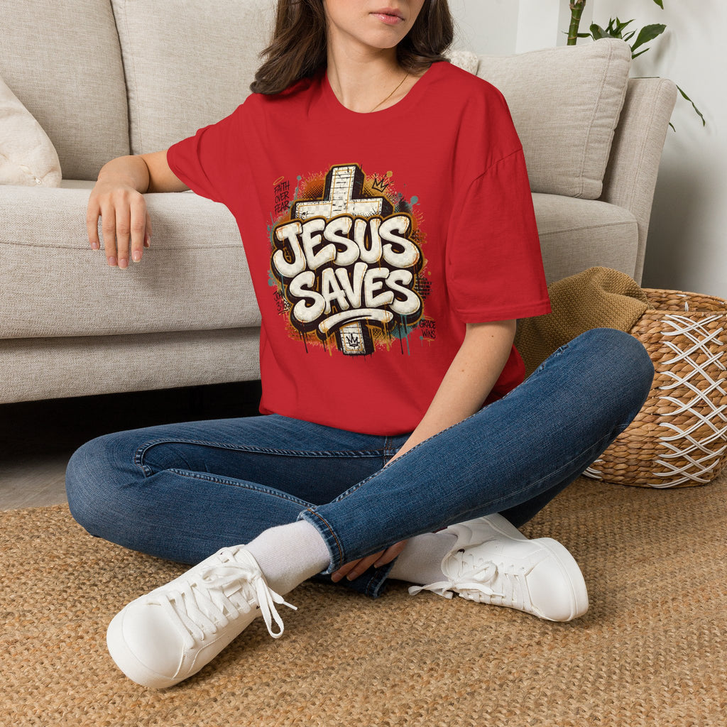 Jesus Saves T‑Shirt — Faith Graffiti Cross Christian Tee