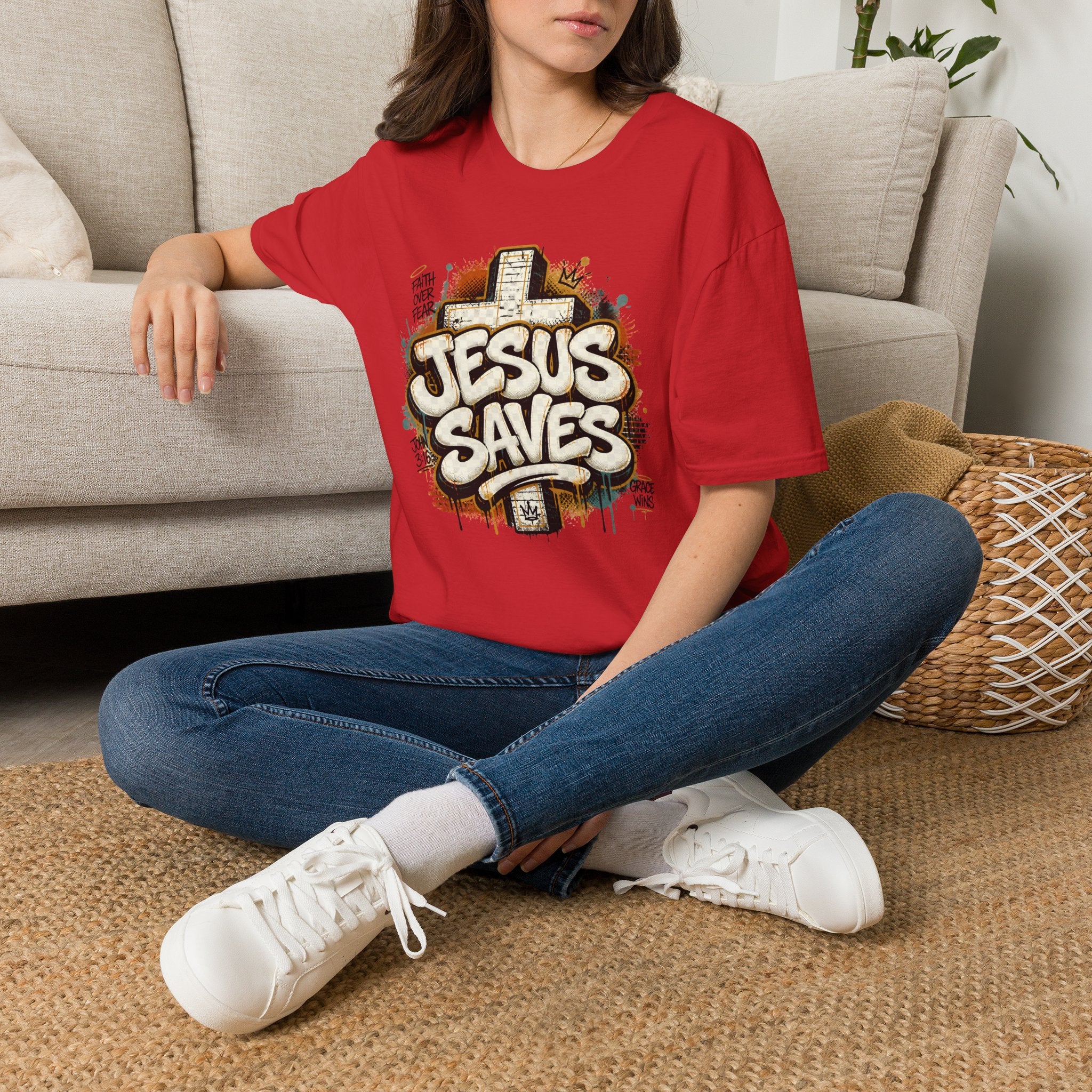 Jesus Saves T‑Shirt — Faith Graffiti Cross Christian Tee