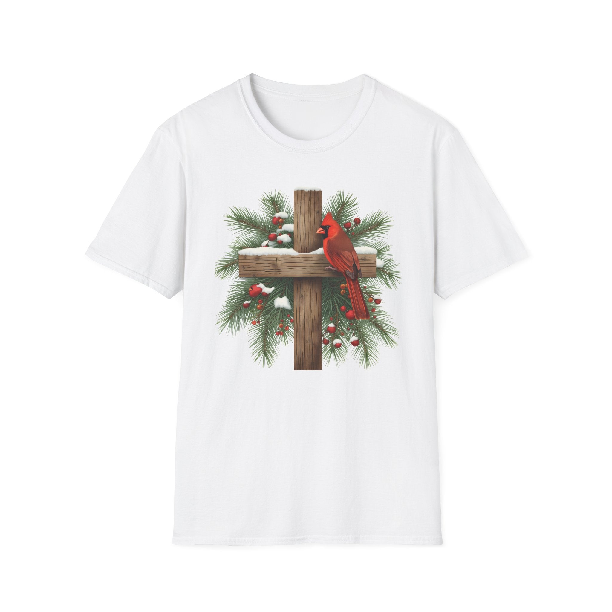 Cardinal on Cross Christmas T-Shirt — Winter Nativity Holiday Tee