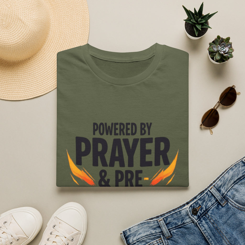 Prayer & Pre-Workout T-Shirt — "Powered by Prayer & Pre-Workout" Christian Fitness Tee