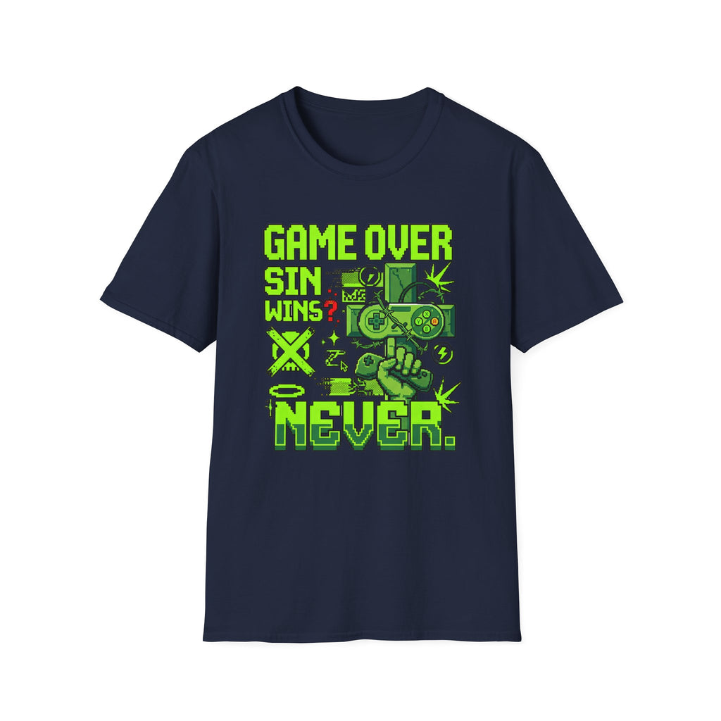 Video Game Christian T-Shirt — "Game Over? Sin Wins? Never." Neon Green Gamer Tee