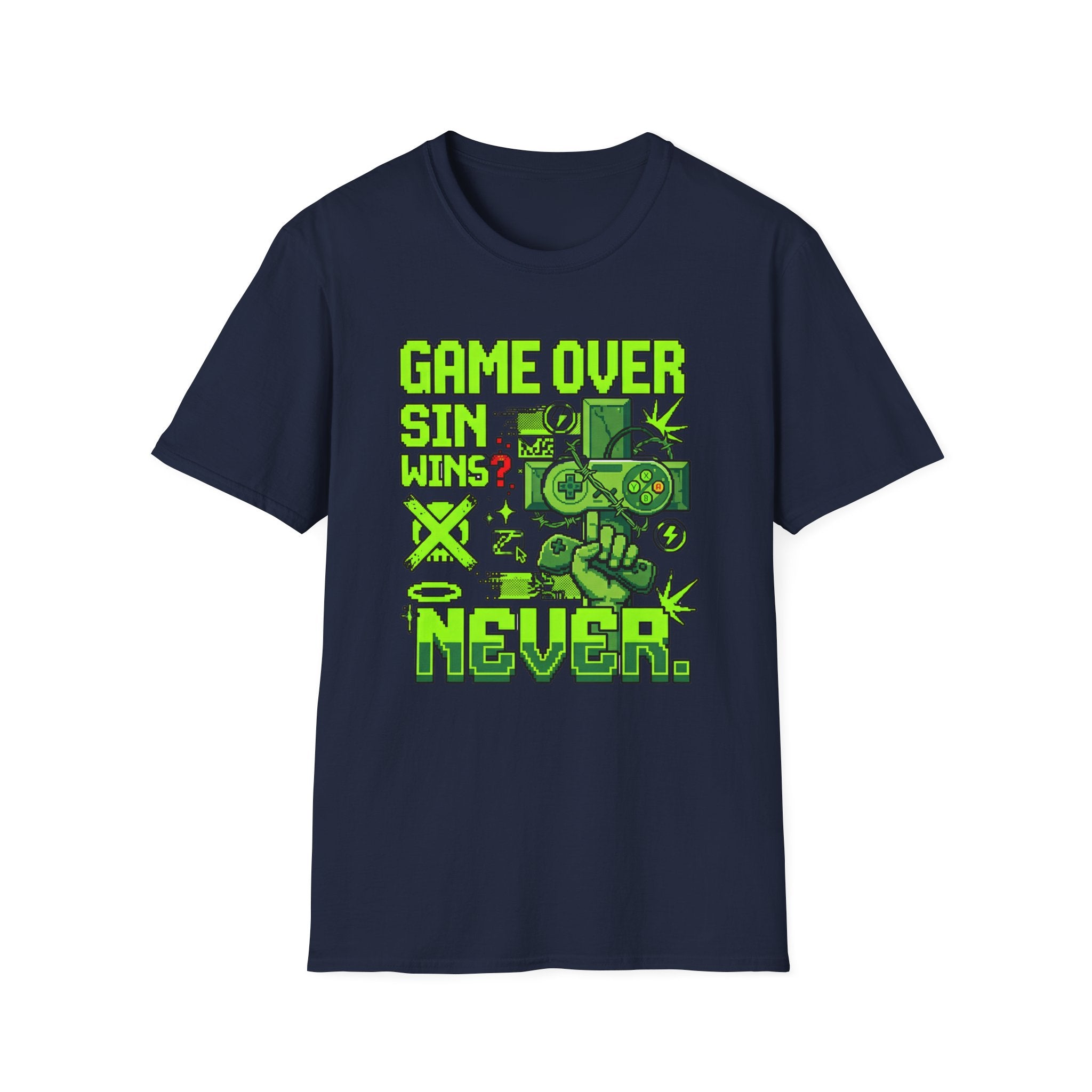 Video Game Christian T-Shirt — "Game Over? Sin Wins? Never." Neon Green Gamer Tee