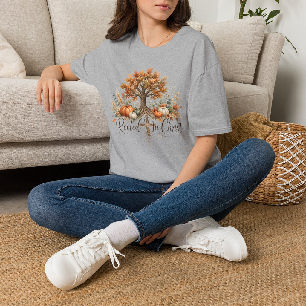 Fall Tree & Pumpkins T-Shirt — "Rooted in Christ" Autumn Faith Tee