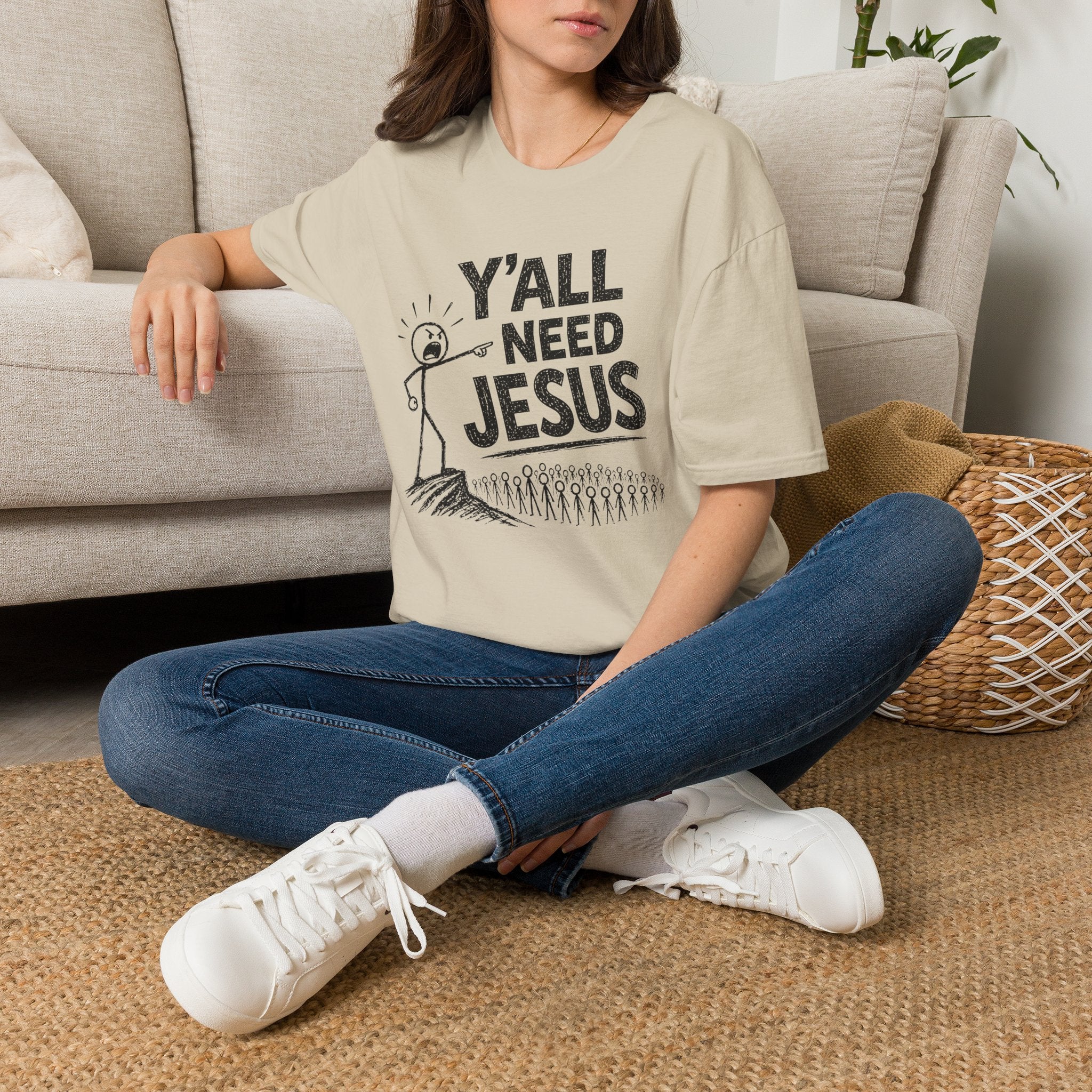 Y'all Need Jesus T-Shirt — Funny Christian Faith Tee, Stick Figure Prayer Graphic