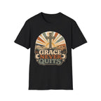 Christian T-Shirt — "Grace Never Quits" Retro Cross Sunrise Tee