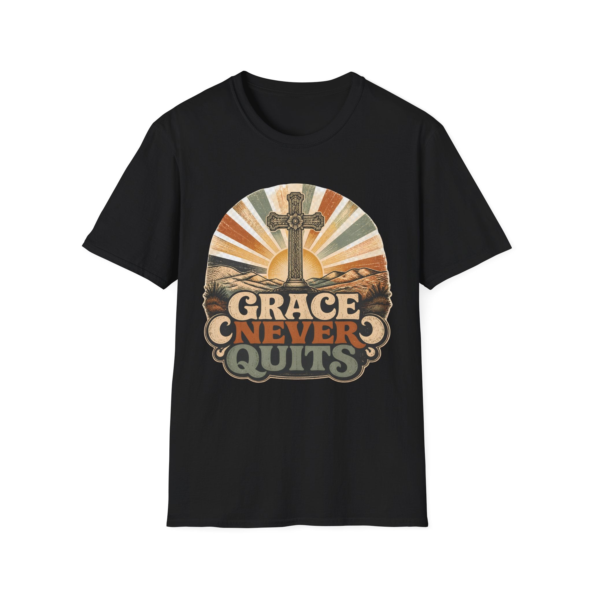 Christian T-Shirt — "Grace Never Quits" Retro Cross Sunrise Tee