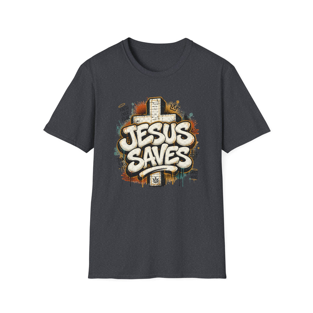 Jesus Saves T‑Shirt — Faith Graffiti Cross Christian Tee