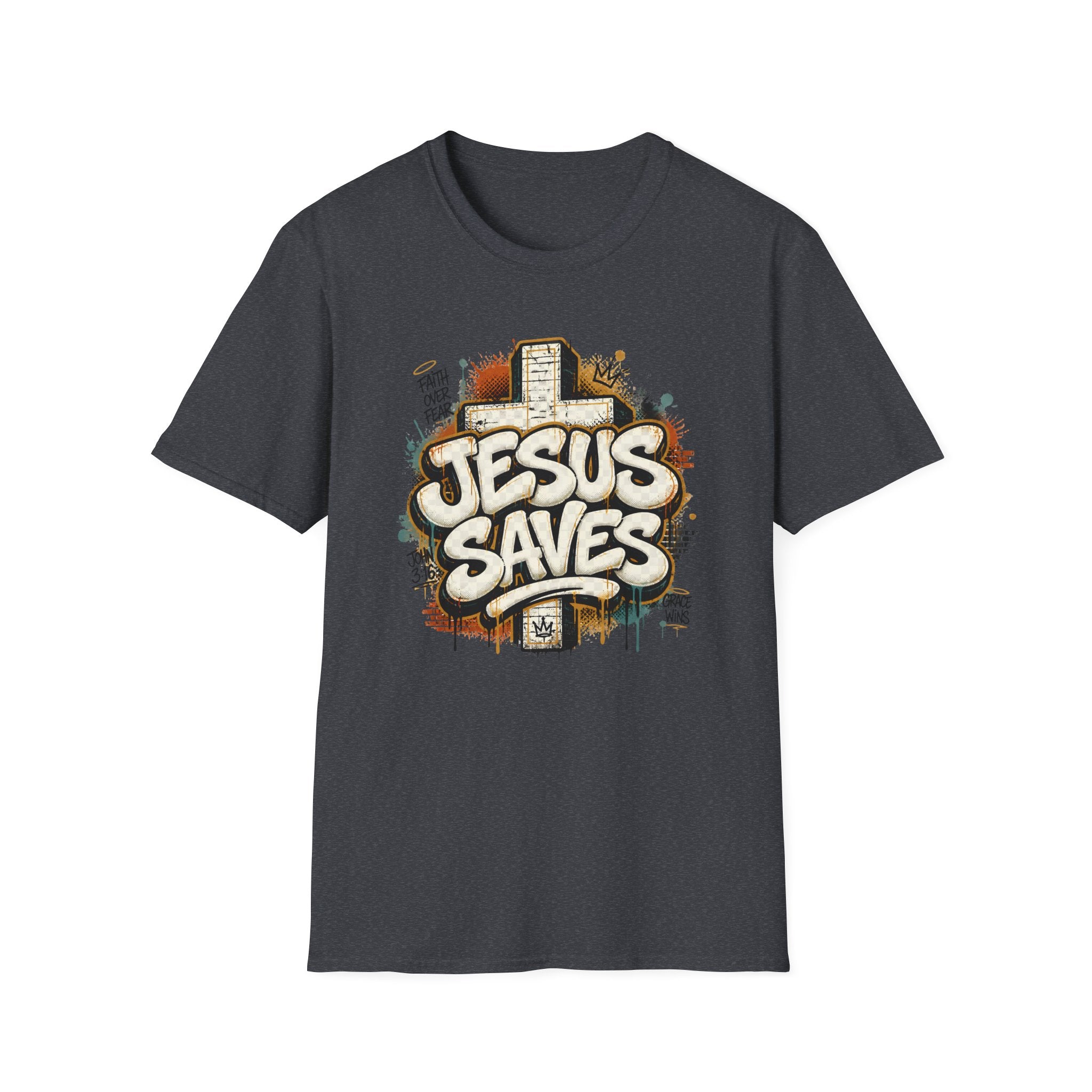 Jesus Saves T‑Shirt — Faith Graffiti Cross Christian Tee