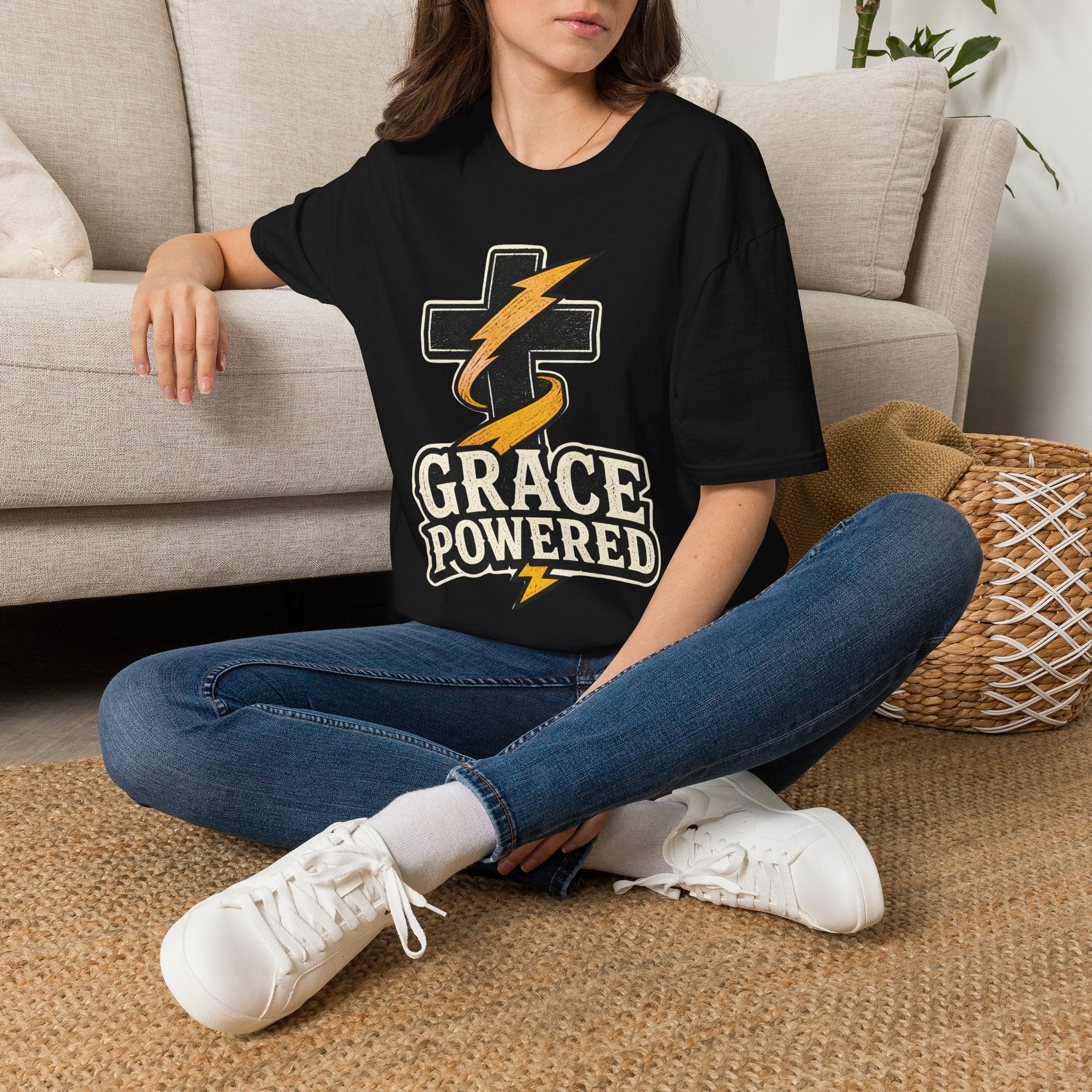 Grace Powered T-Shirt — Faith Cross with Lightning Christian Tee