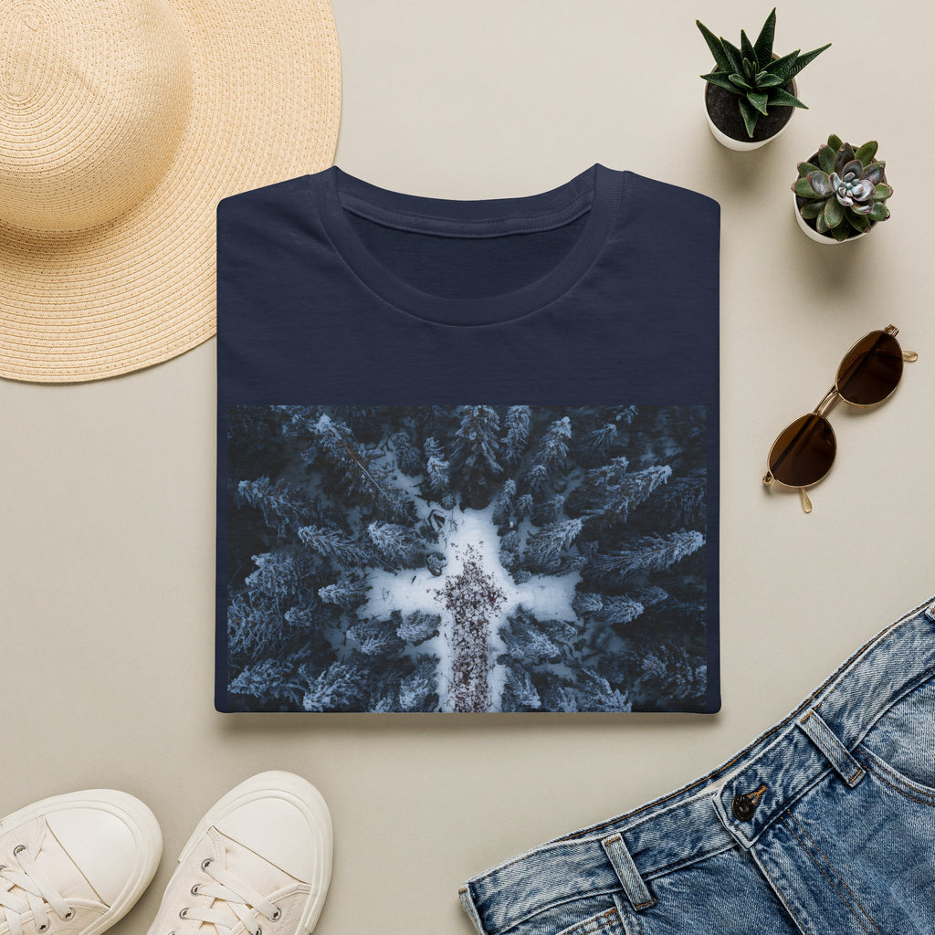 Cross in Snow Aerial Print T-Shirt — Minimalist Winter Graphic Tee