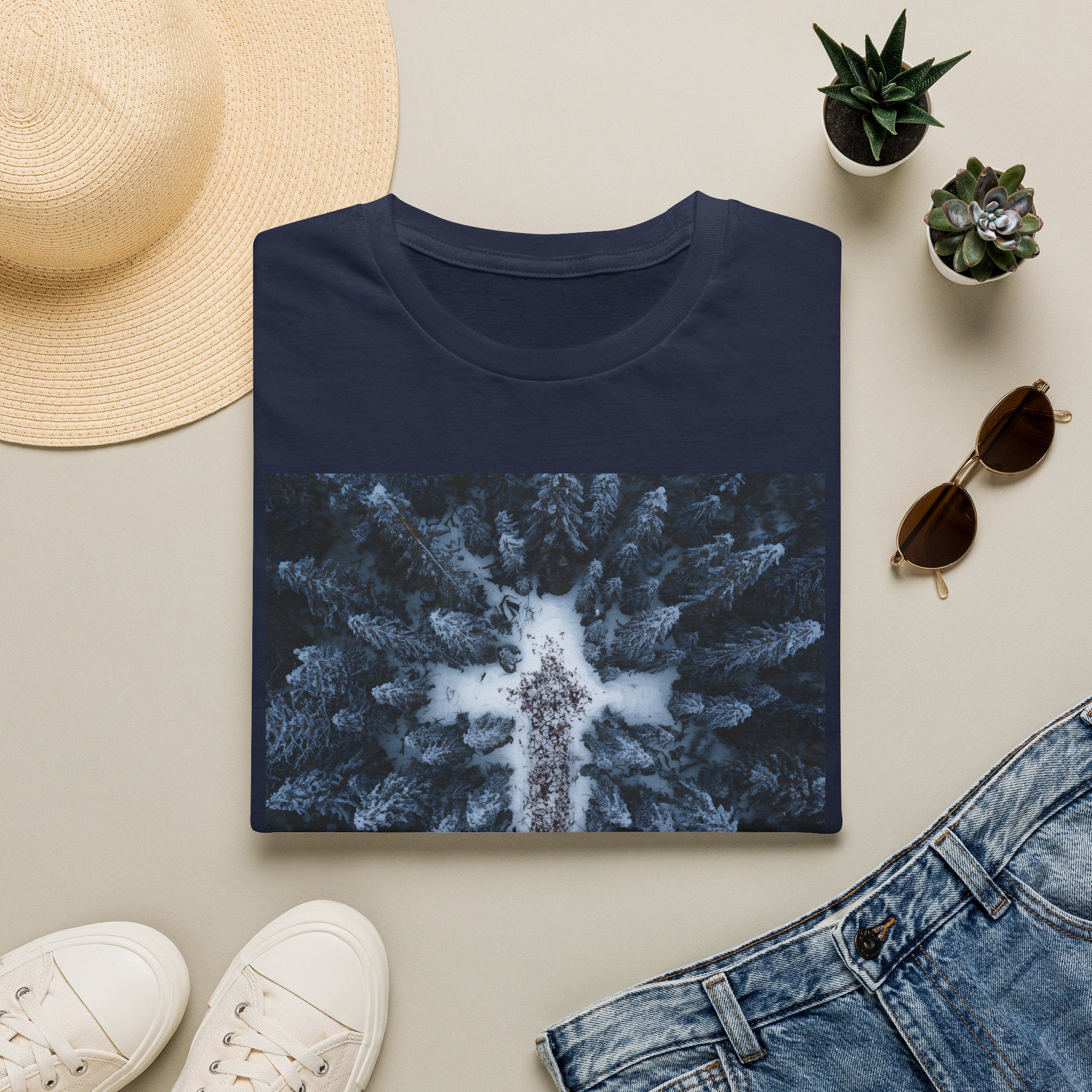 Cross in Snow Aerial Print T-Shirt — Minimalist Winter Graphic Tee