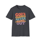 Christian T-Shirt — "God's Goodness Never Runs Out" Retro Faith Tee