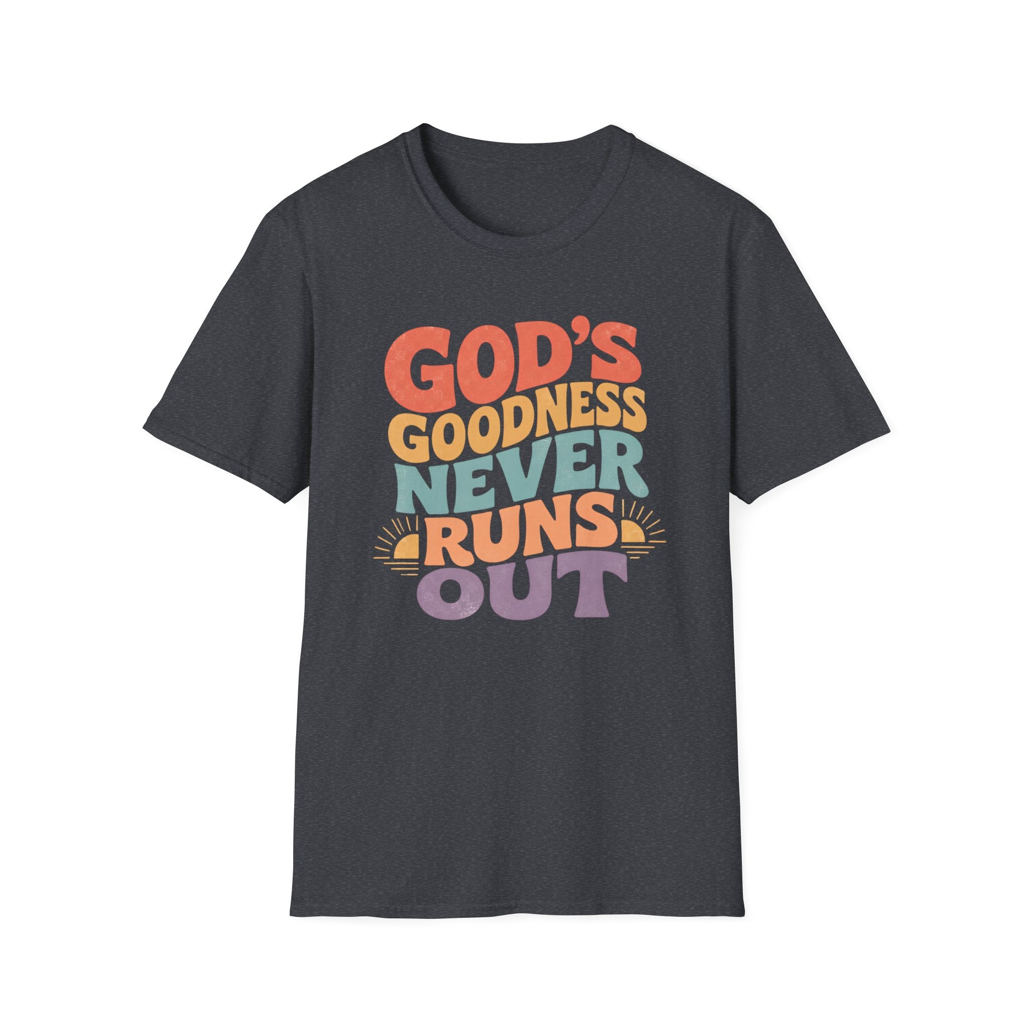 Christian T-Shirt — "God's Goodness Never Runs Out" Retro Faith Tee