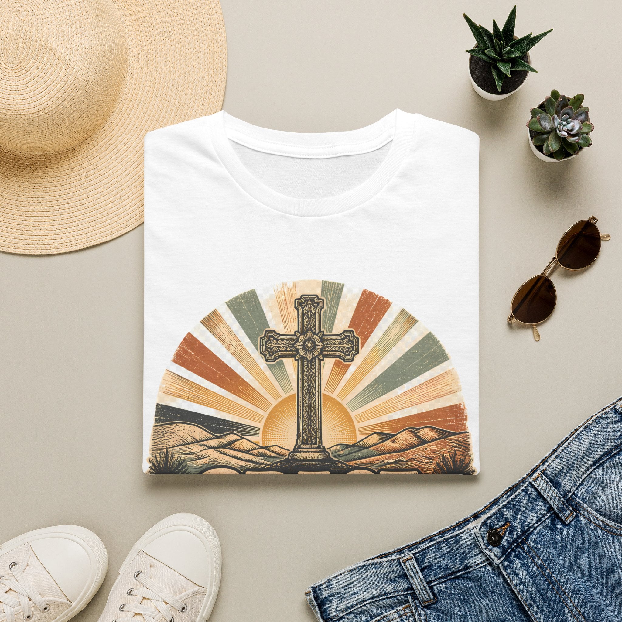 Christian T-Shirt — "Grace Never Quits" Retro Cross Sunrise Tee
