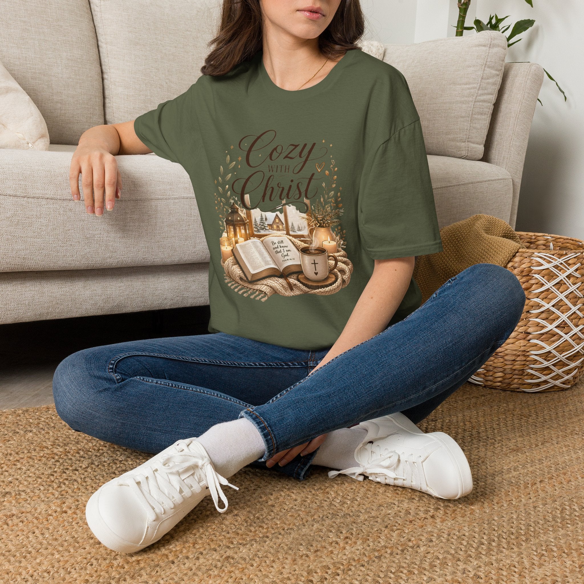 Cozy with Christ T‑Shirt — Faithful Christmas Cozy Home Design