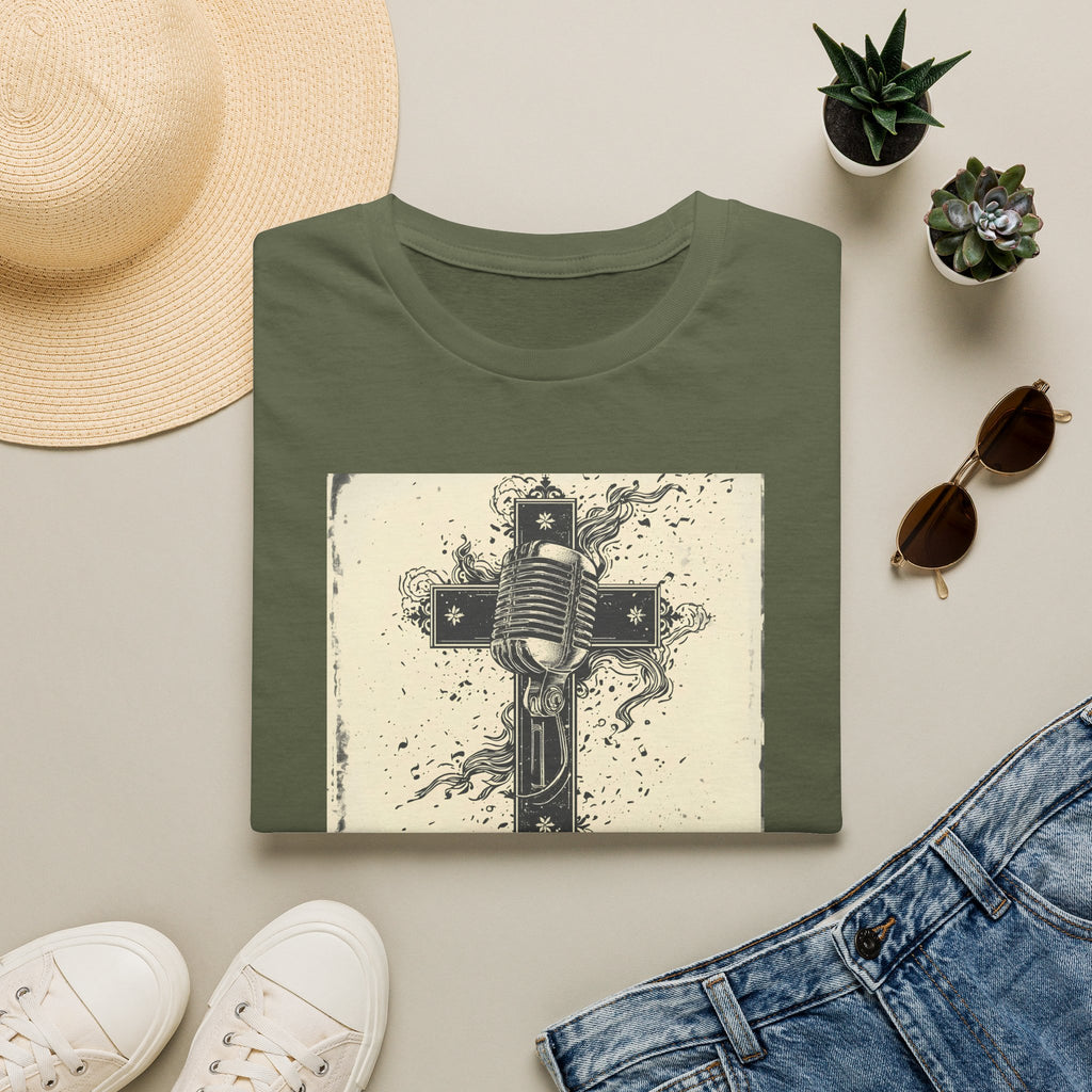Vintage Microphone Cross T-Shirt — Retro Gospel Music Tee