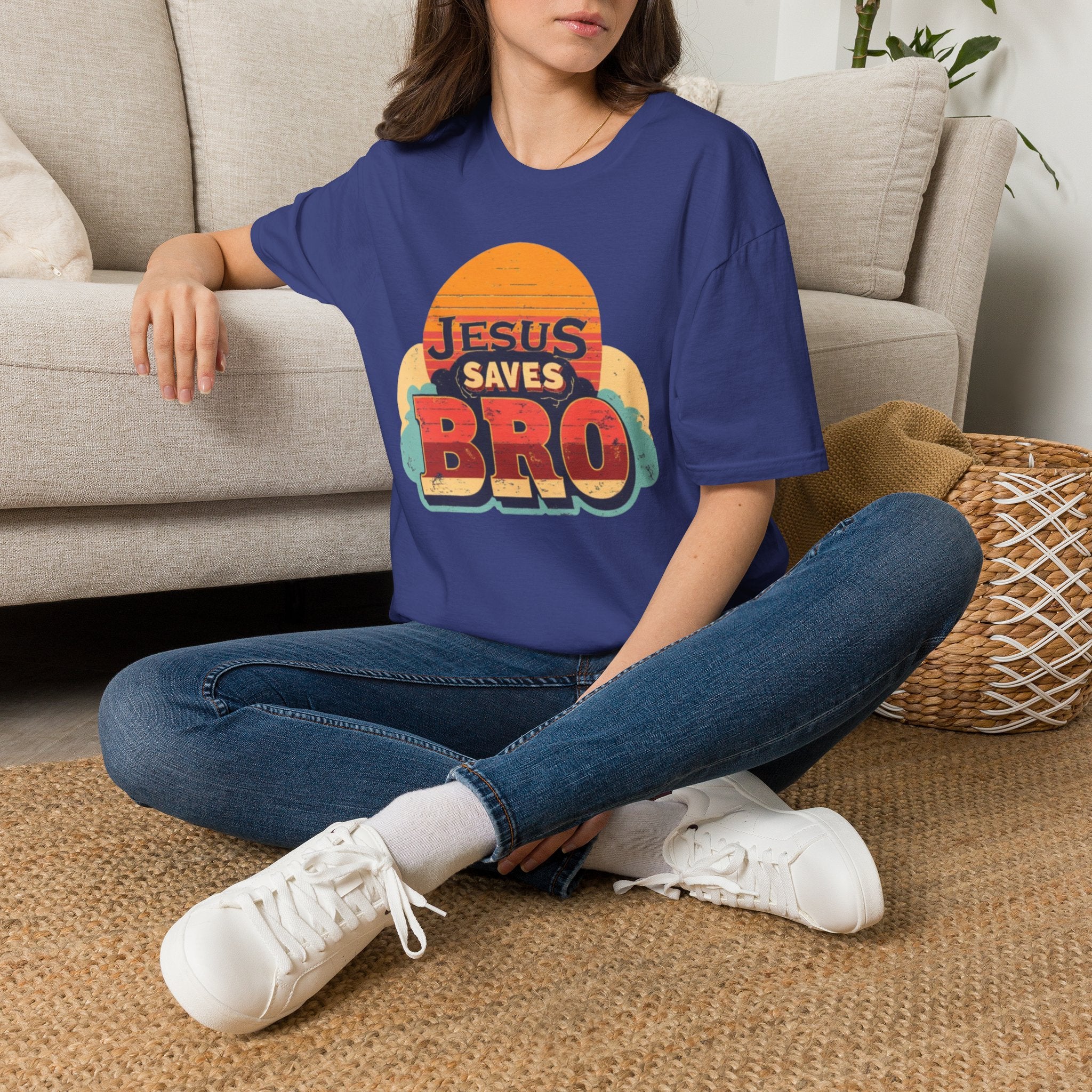Christian T-Shirt — "Jesus Saves Bro" Retro Sunset Tee