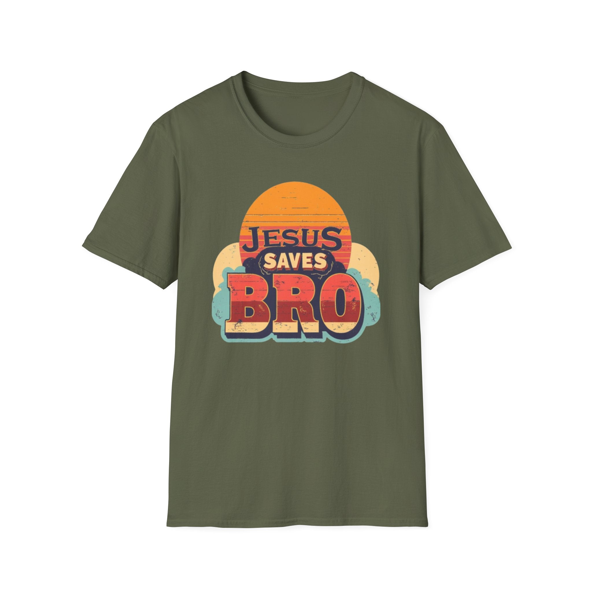 Christian T-Shirt — "Jesus Saves Bro" Retro Sunset Tee
