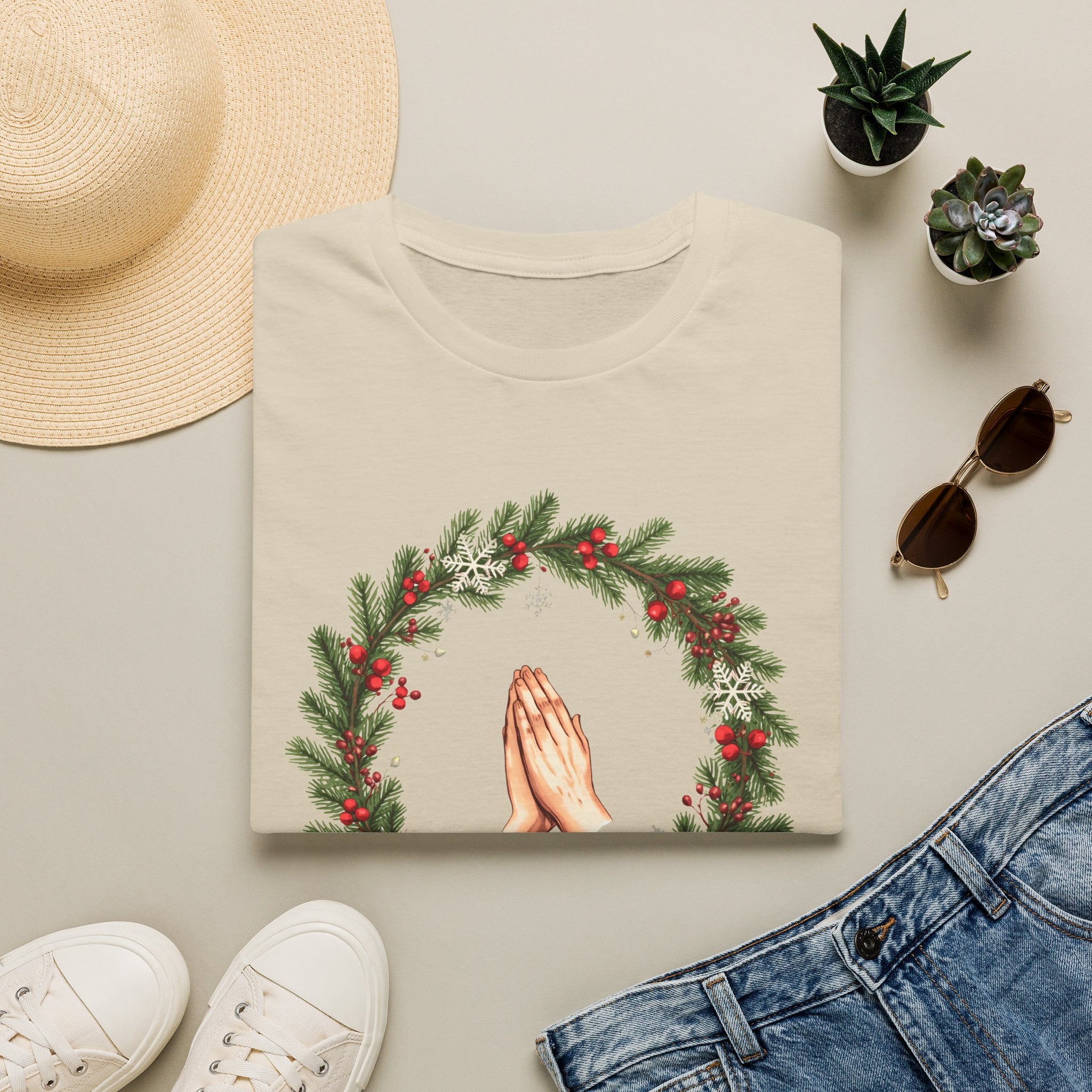 Christmas Prayer Hands T-Shirt — Holiday Wreath Faith Tee