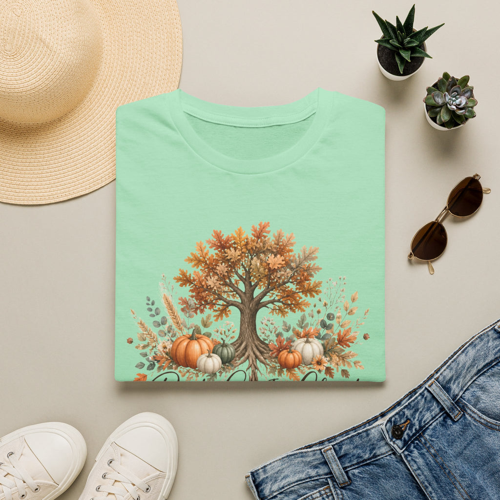 Fall Tree & Pumpkins T-Shirt — "Rooted in Christ" Autumn Faith Tee