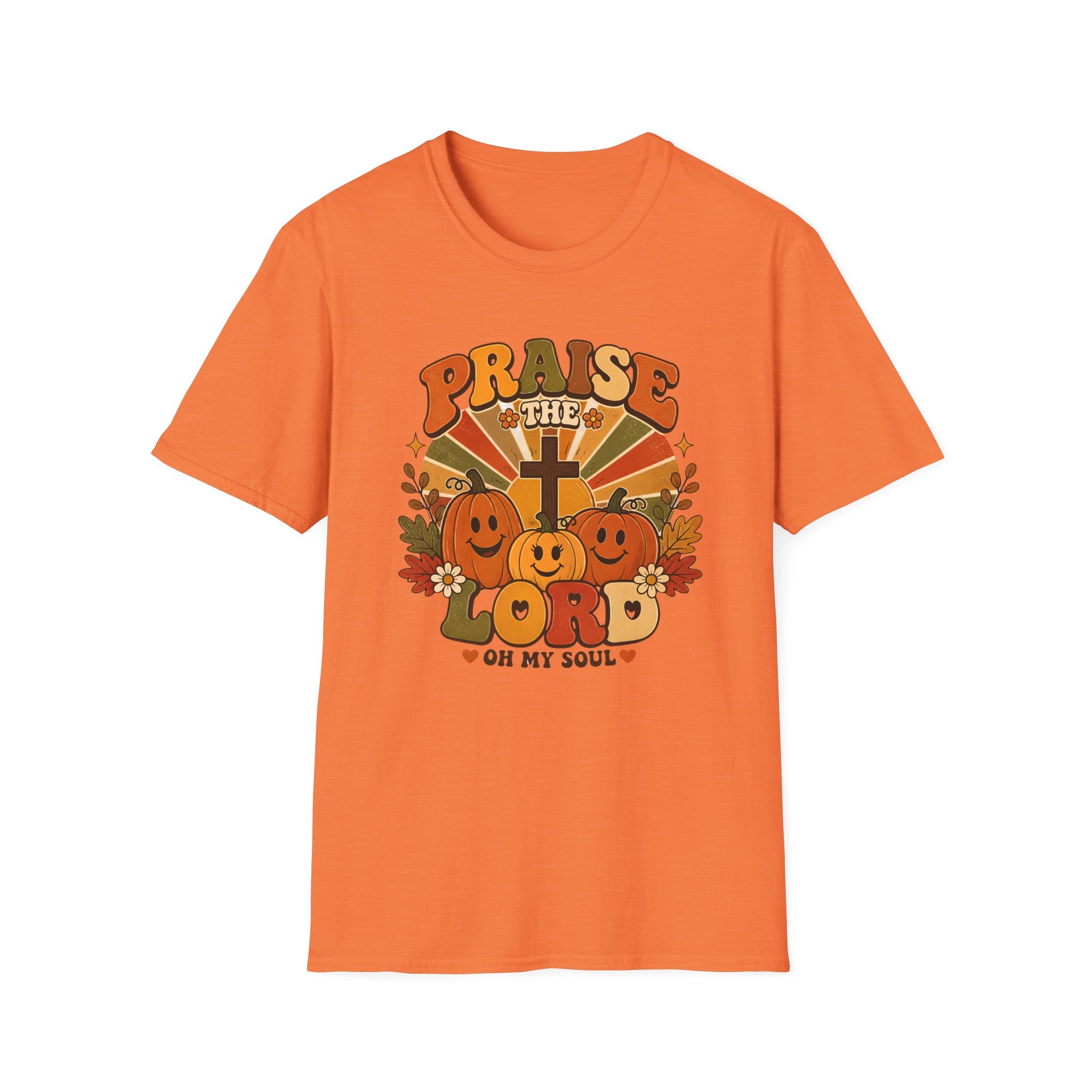 Praise the Lord Fall T-Shirt — Retro Pumpkin & Cross Christian Tee