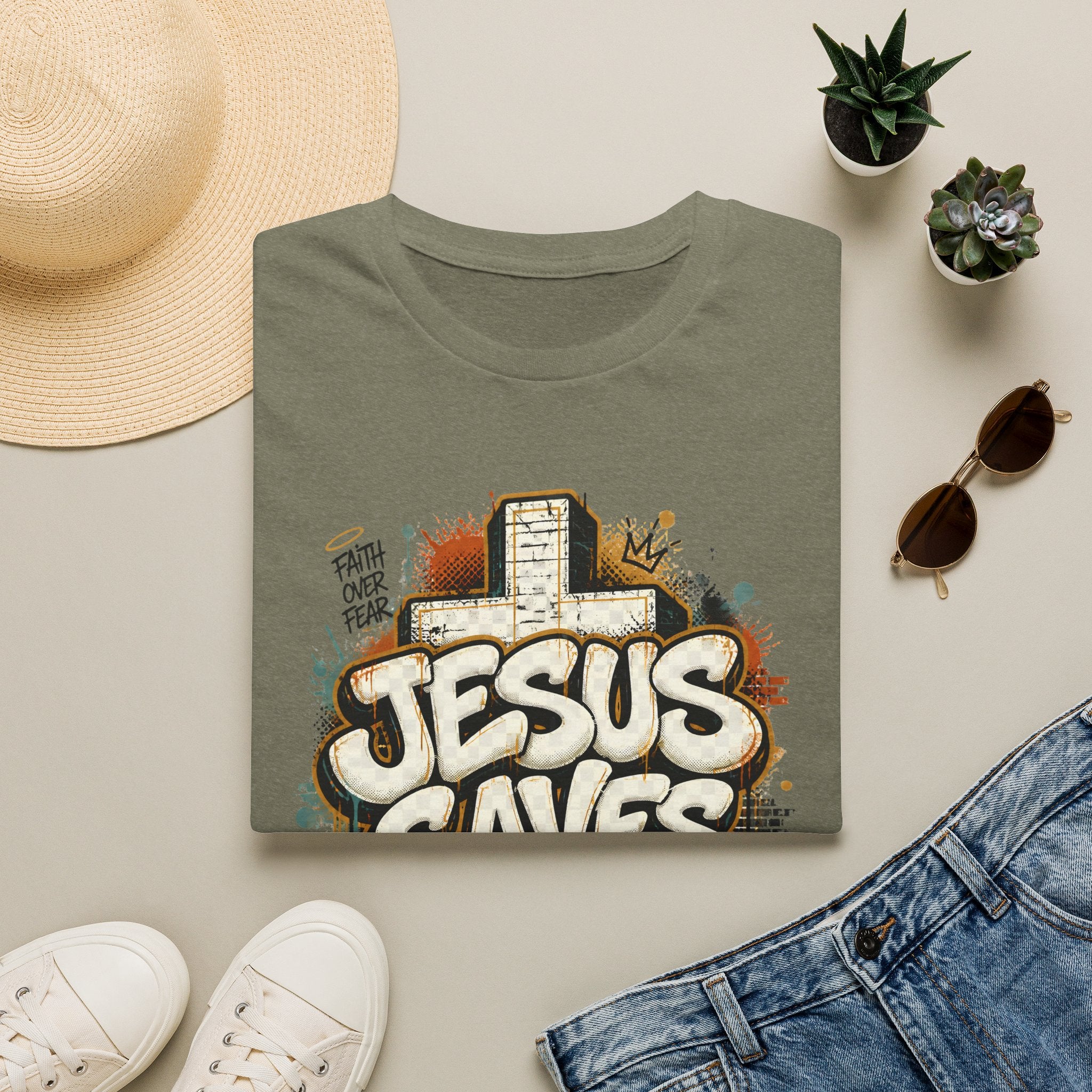 Jesus Saves T‑Shirt — Faith Graffiti Cross Christian Tee