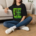 Video Game Christian T-Shirt — "Game Over? Sin Wins? Never." Neon Green Gamer Tee