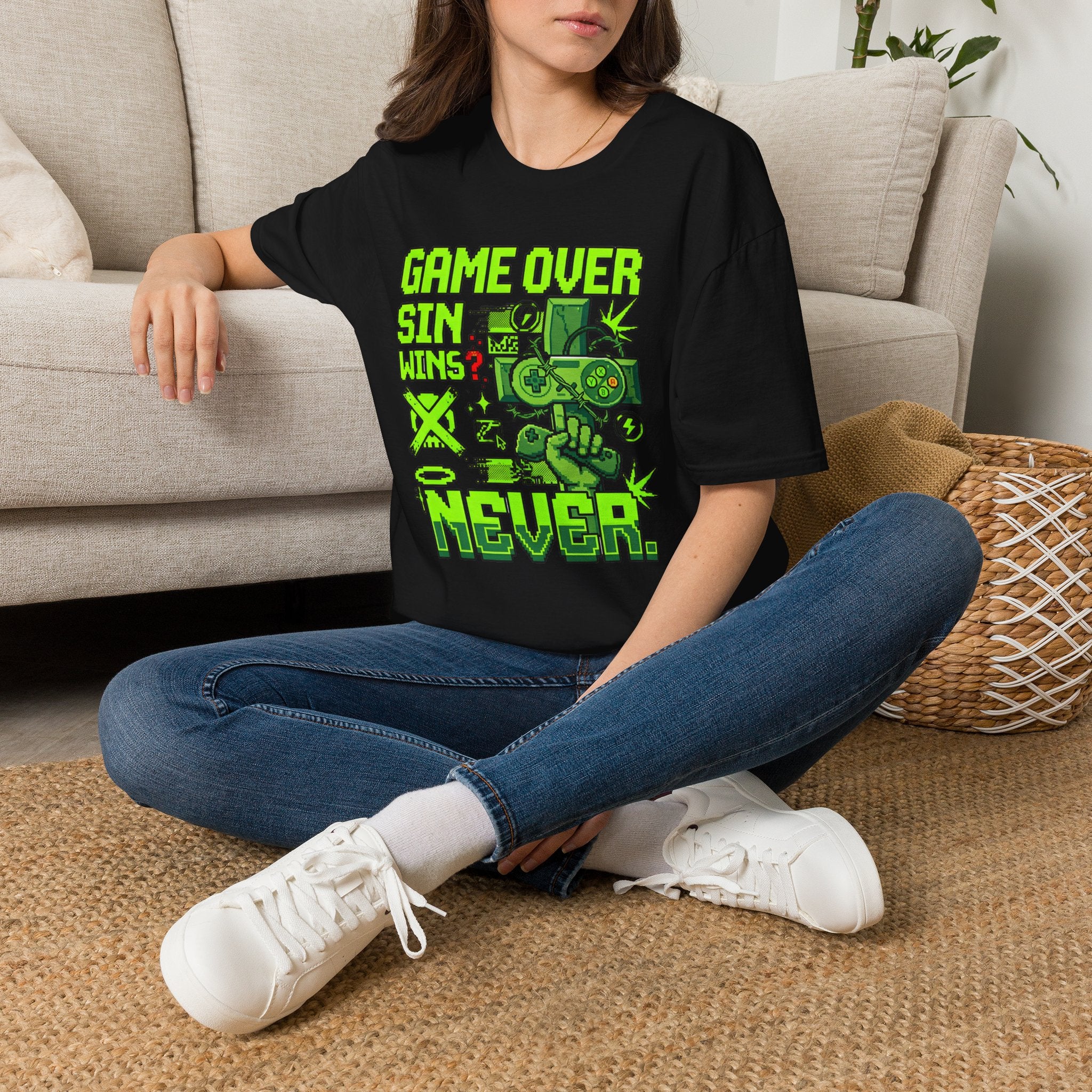 Video Game Christian T-Shirt — "Game Over? Sin Wins? Never." Neon Green Gamer Tee
