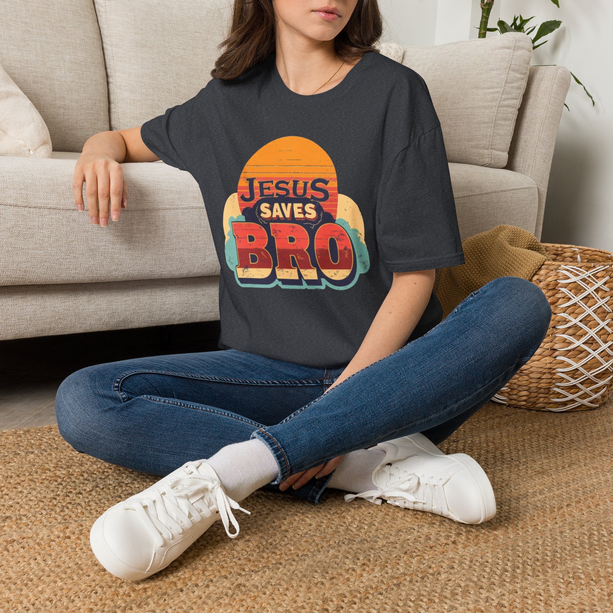 Christian T-Shirt — "Jesus Saves Bro" Retro Sunset Tee