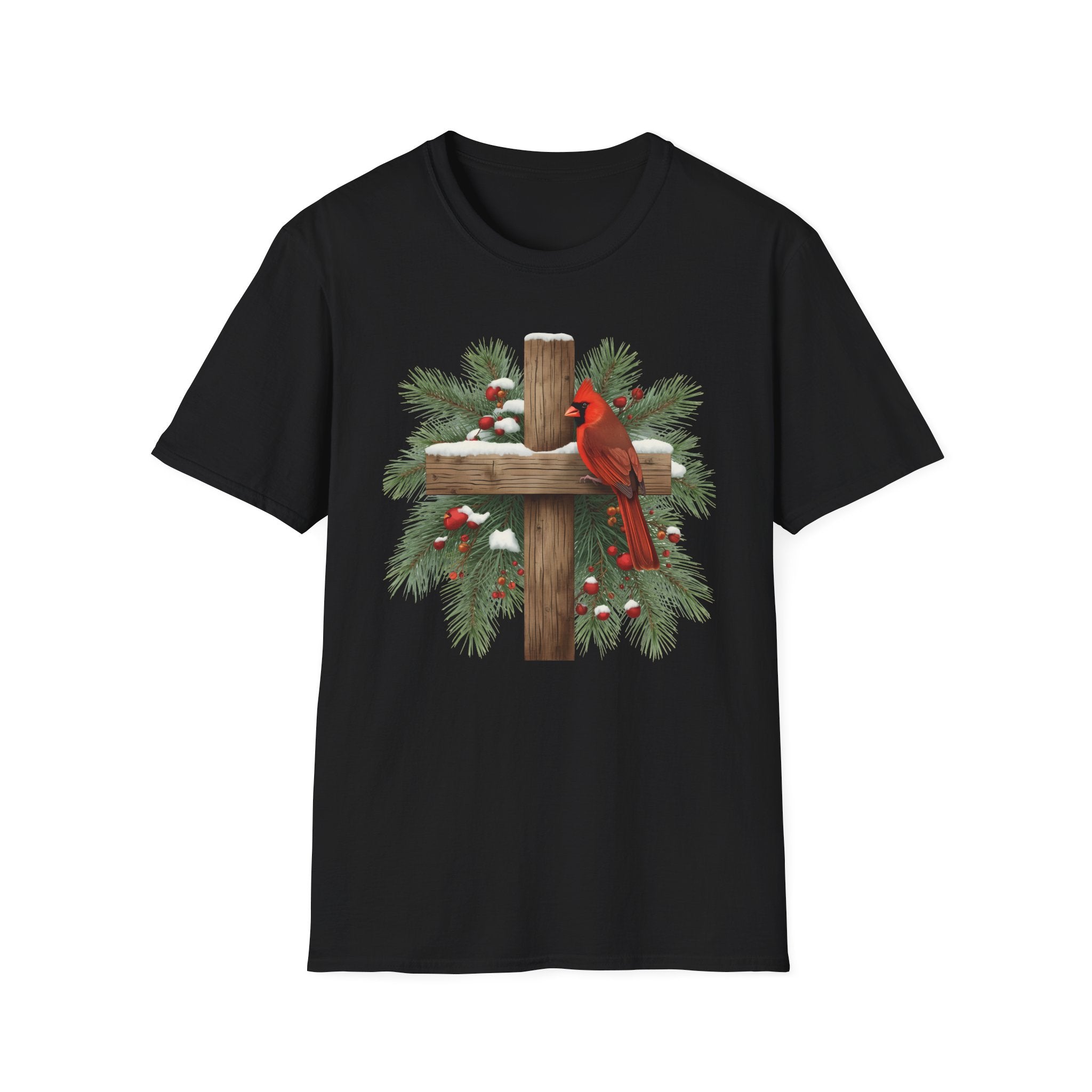 Cardinal on Cross Christmas T-Shirt — Winter Nativity Holiday Tee