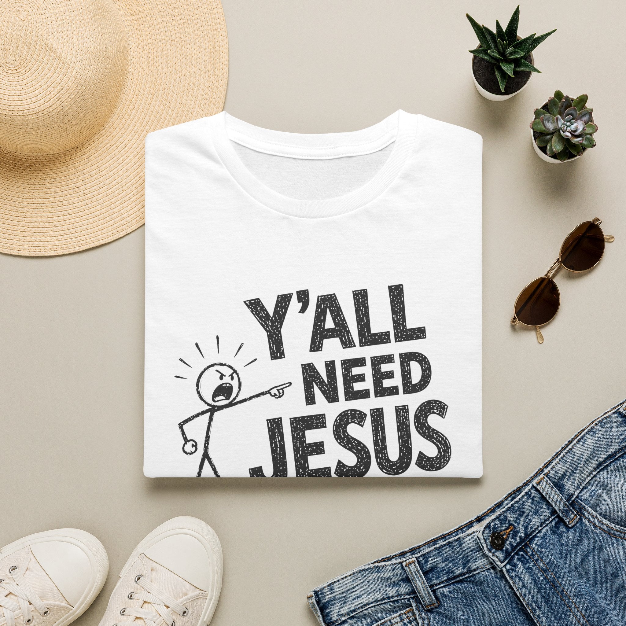 Y'all Need Jesus T-Shirt — Funny Christian Faith Tee, Stick Figure Prayer Graphic