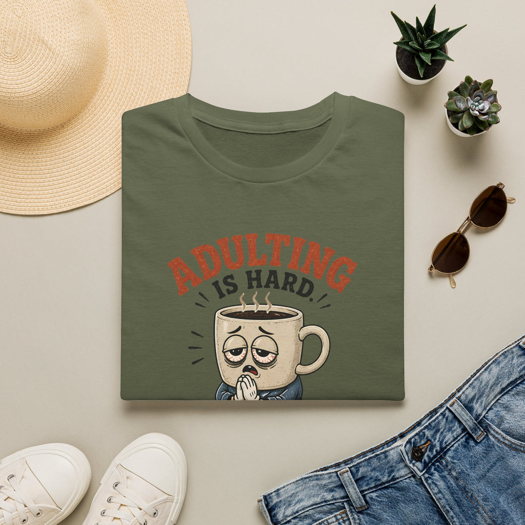 Adulting Is Hard Coffee T-Shirt — ‘Praying About It’ Funny Graphic Tee
