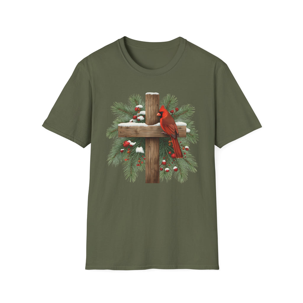 Cardinal on Cross Christmas T-Shirt — Winter Nativity Holiday Tee