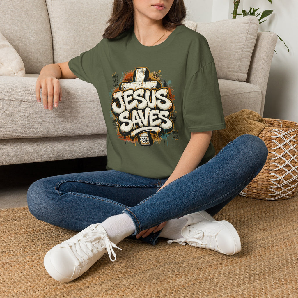 Jesus Saves T‑Shirt — Faith Graffiti Cross Christian Tee