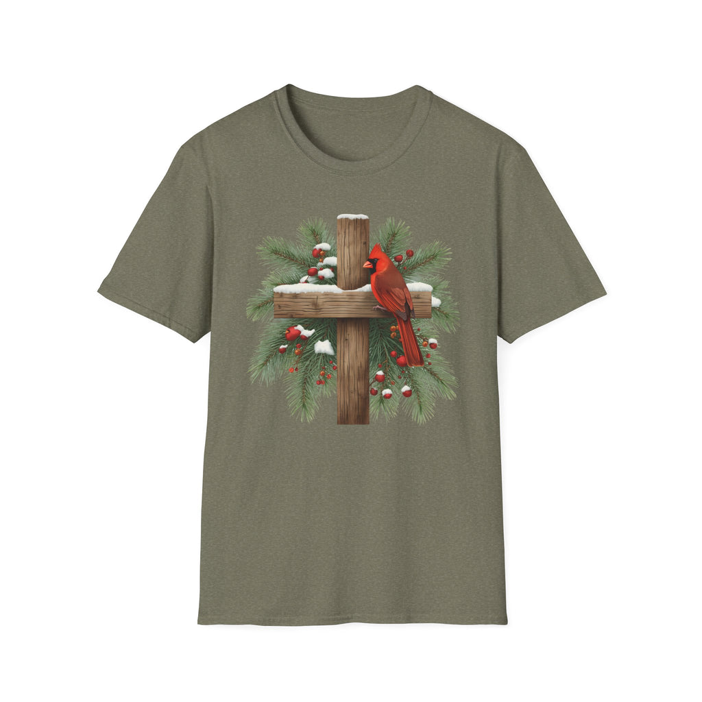 Cardinal on Cross Christmas T-Shirt — Winter Nativity Holiday Tee