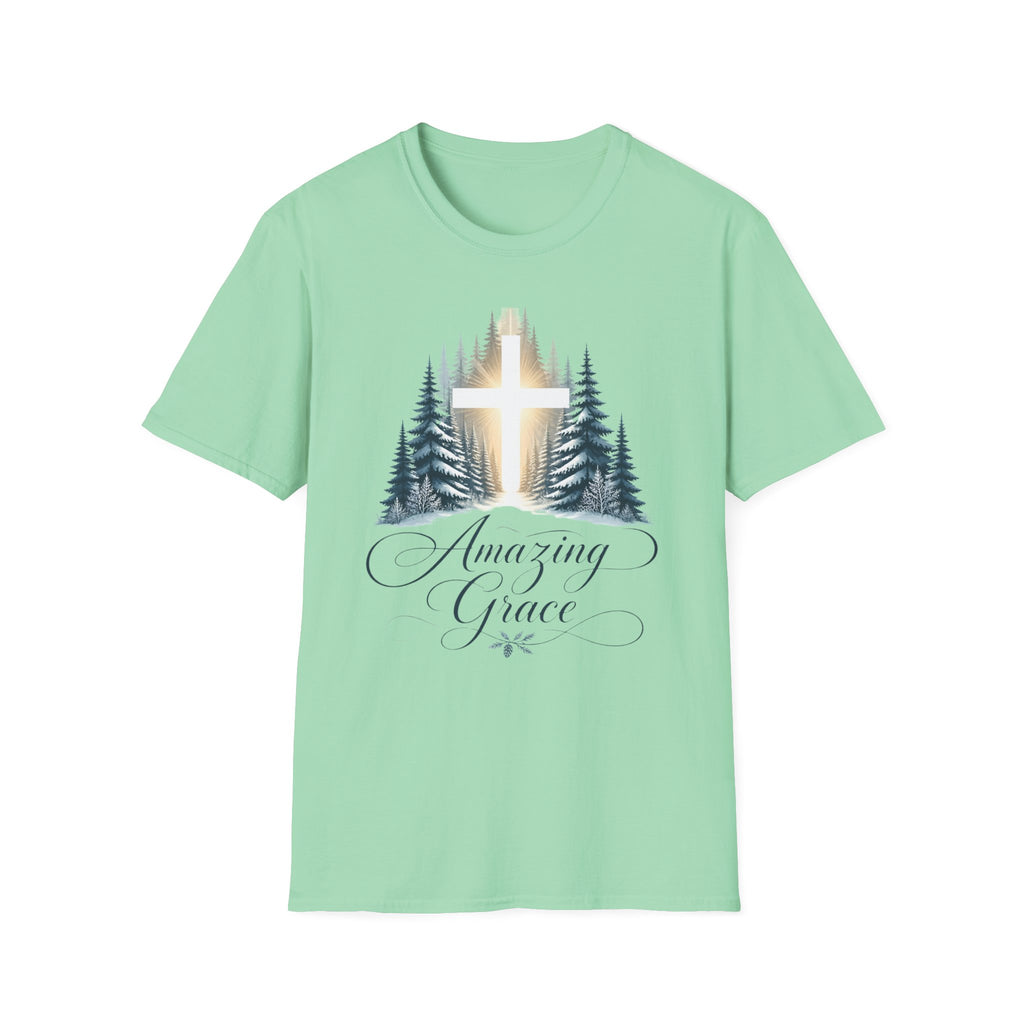Christian T-Shirt — Cross in Pine Forest with "Amazing Grace" (Faith Tee)